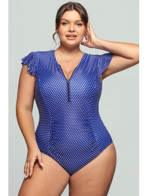 Navy and White Dots Frill Sleeve One Piece Swimsuit