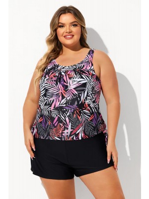 Red Leaf Print Scoop Neck Side Tie Thick Strap Plus Size Tankini Set
