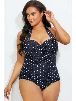 Black Speckle Halter Tie Front One Piece Swimsuit