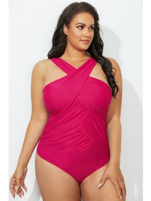 Red Cross Neck Ruched OnePiece Swimsuit