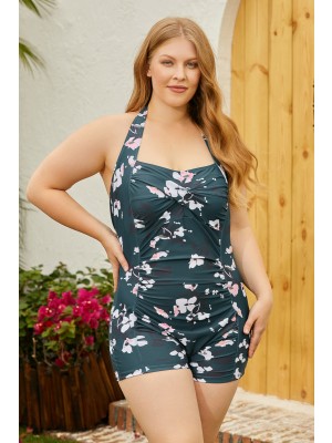 Floral Halter Strap Sweetheart Neck Ruching Tummy Control Casual OnePiece Swimsuit