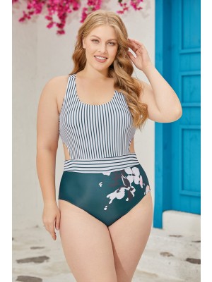 Striped And Floral Scoop Neck Belt Zipper Back OnePiece Swimsuit