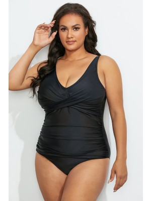 Black Ruched V-Neck One Piece Swimsuit