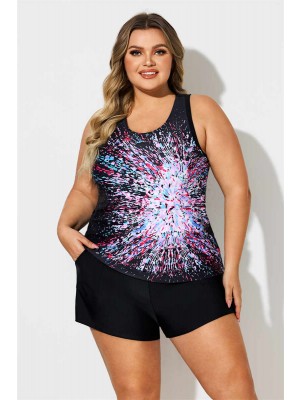 Colorful Blooming Scoop Neck Thick Strap Plus Size Tankini Set