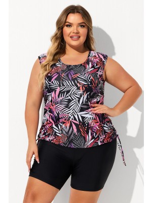 Red Leaf Print Scoop Neck Thick Strap Plus Size Tankini Set
