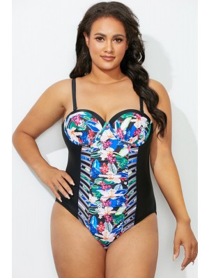 Floral Sweetheart Neckline Cut Out One Piece Swimsuit