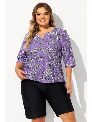 Purple Tropical Floral Print V Neck Half Sleeve Plus Size Tankini Set