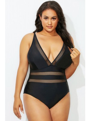 Black Mesh Plunge V-Neck OnePiece Swimsuit