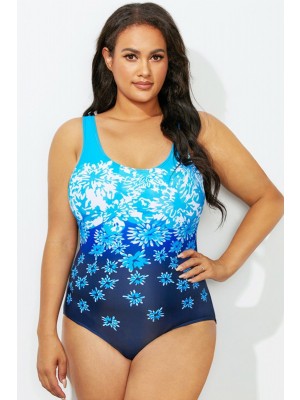 Blue Floral Scoop Neck Tank OnePiece Swimsuit