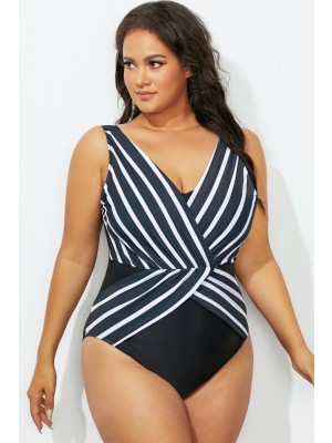 Black Striped V Neck One Piece Swimsuit