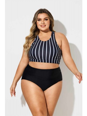 Black Striped Scoop Neck Wide Straps Cross Back Plus Size Bikini Set