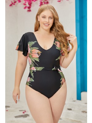 Black Floral V Neck Flutter Sleeves Belt OnePiece Swimsuit