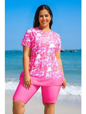 Pink Floral Print Round Neck Short Sleeve Plus Size Tankini Set