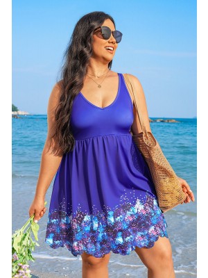 Coloful Floral Border Scallop Hem Scoop Neck Plus Size Swimdress
