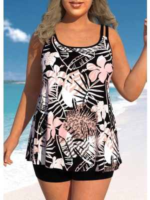Plus Size Color Block Tropical Print Swimdress Set