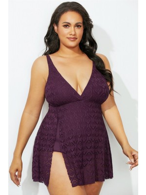 WINE CROCHET SIDE SLIT V-NECK SWIMDRESS