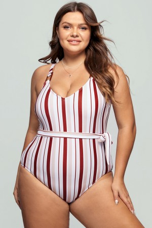 Natalia Striped Belted Plus Size One Piece Swimsuit