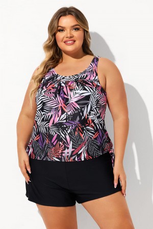 Red Leaf Print Scoop Neck Side Tie Thick Strap Plus Size Tankini Set