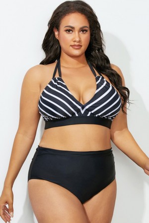 Black Striped Halter Bikini Set