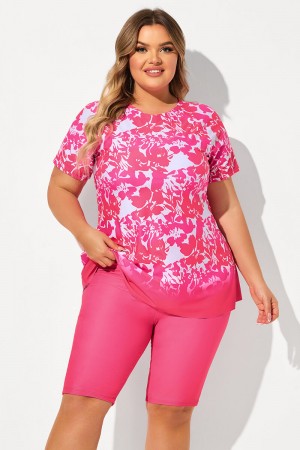Pink Floral Print Round Neck Short Sleeve Plus Size Tankini Set
