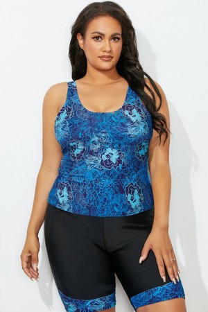 Teal Floral Scoop Neck Tankini Set