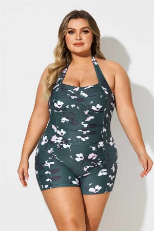 Floral Halter Strap Sweetheart Neck Ruching Tummy Control Casual Onepiece Swimsuit