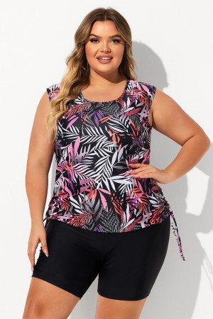 Red Leaf Print Scoop Neck Thick Strap Plus Size Tankini Set