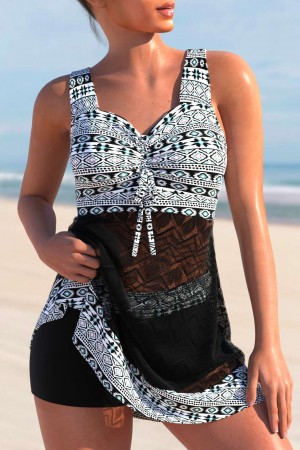 Lace Patchwork Black Tribal Print Swimdress and Shorts