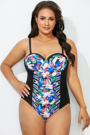 Floral Sweetheart Neckline Cut Out One Piece Swimsuit
