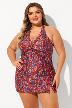 Red Floral Print Halter Strap Twisted Front Plus Size Tankini Set