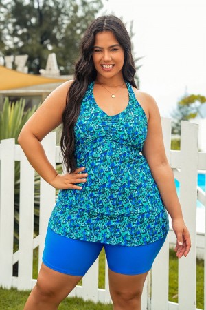 Blue & Green Scoop Neck Thick Strap Plus Size Tankini Set