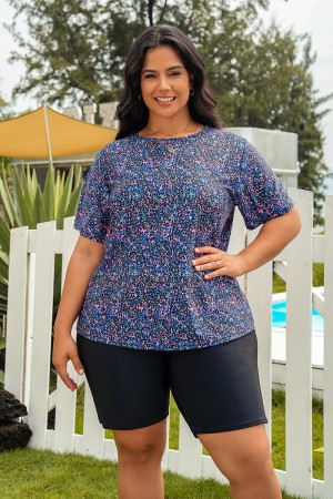 Geometric Print Short Sleeve High Neck Plus Size Tankini Set