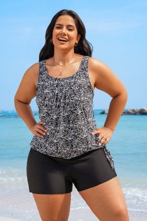 Plus Size Black And White Plants Print Side Tie Tankini Set