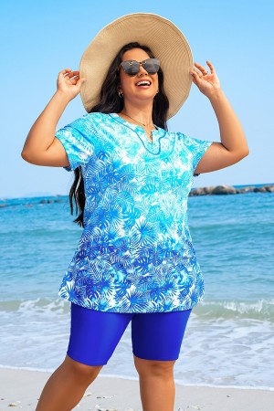 Blue Leafy Short-Sleeved Tankini Set