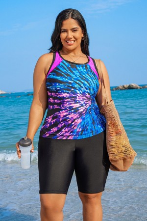 Coloful Firework Print Scoop Neck Thick Strap Plus Size Tankini Set