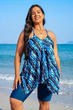 Blue Watercolor Stripe Print VNeck Thick Strap Plus Size Tankini Set