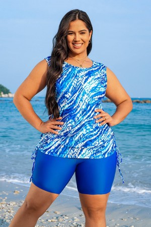 Blue Watercolor Stripe Print Scoop Neck Thick Strap Plus Size Tankini Set