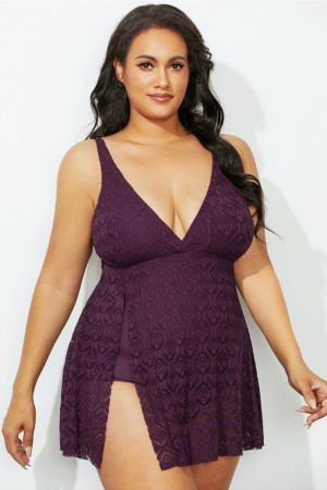 WINE CROCHET SIDE SLIT V-NECK SWIMDRESS