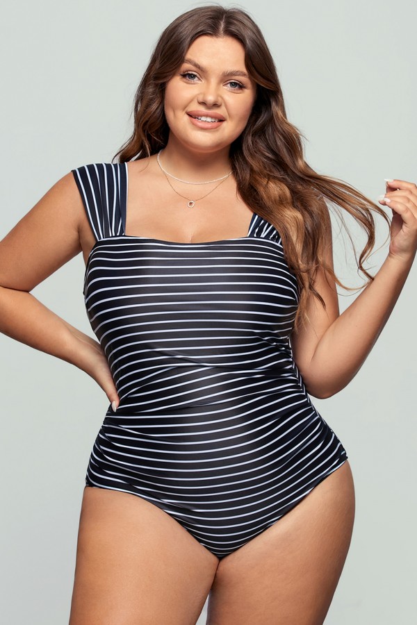Thick Strap Black Stripes One Piece Swimsuit