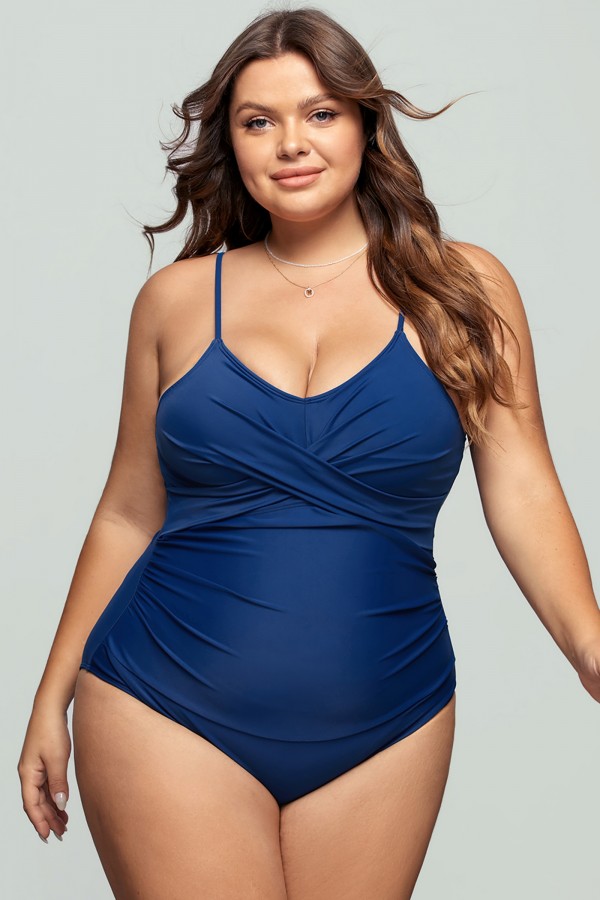 Omniscient Solid Wrap Front Plus Size One Piece Swimsuit