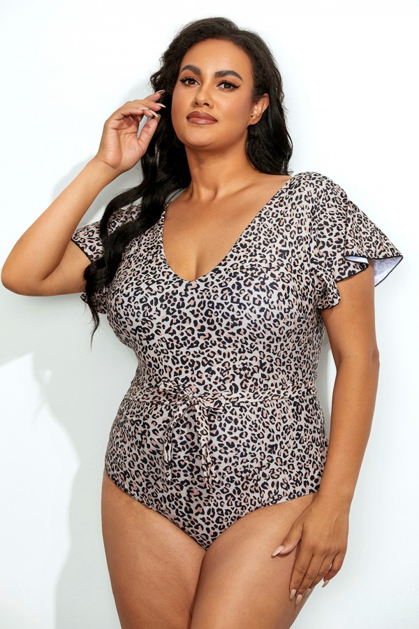 Cheetah Flutter Sleeves V-Neck One Piece Swimsuit