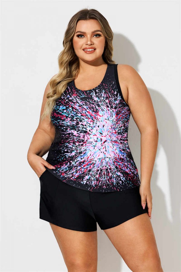 Colorful Blooming Scoop Neck Thick Strap Plus Size Tankini Set