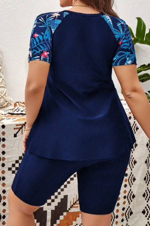 Swim SPRTY Plus Tropical Print Raglan Sleeve Bikini Swimsuit With Short Sleeve