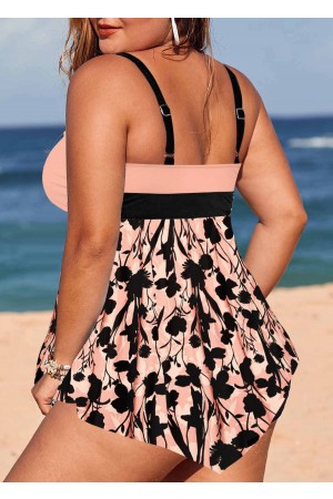 Floral Print Pink Lace Up Swimdress and Panty