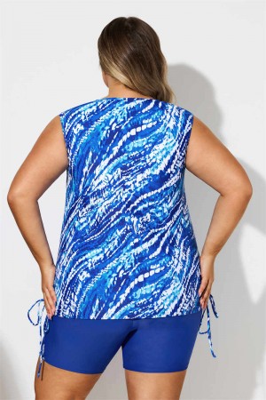 Blue Watercolor Stripe Print Scoop Neck Thick Strap Plus Size Tankini Set