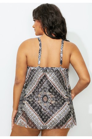 Geometric Overlay Tie Front OnePiece Swimsuit