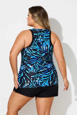 Blue Painterly Leaves Print Fashion Racerback Plus Size Tankini Set