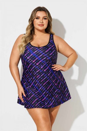 Purple And Blue Striped Scoop Neck Plus Size Swimdress
