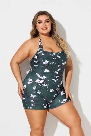 FLORAL HALTER STRAP SWEETHEART NECK RUCHING TUMMY CONTROL CASUAL ONEPIECE SWIMSUIT