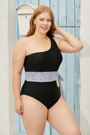 Black One Shoulder OnePiece Swimsuit with leopard Belt